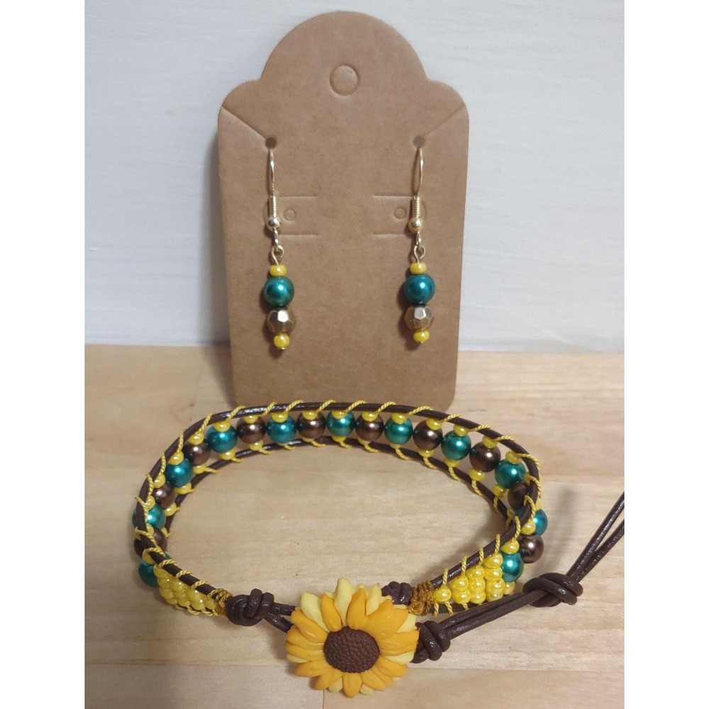 Sunshine Supreme Jewelry Set Handmade Leather Wrap Bracelet Sunflower Earrings